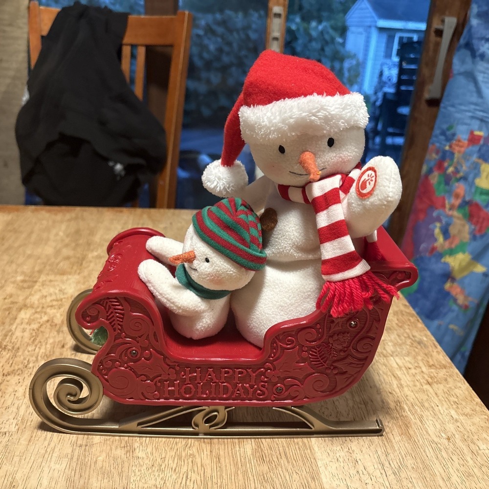 Christmas Snowman in Red Sleigh Holiday Figurine, Red/White, Plastic/Fabric